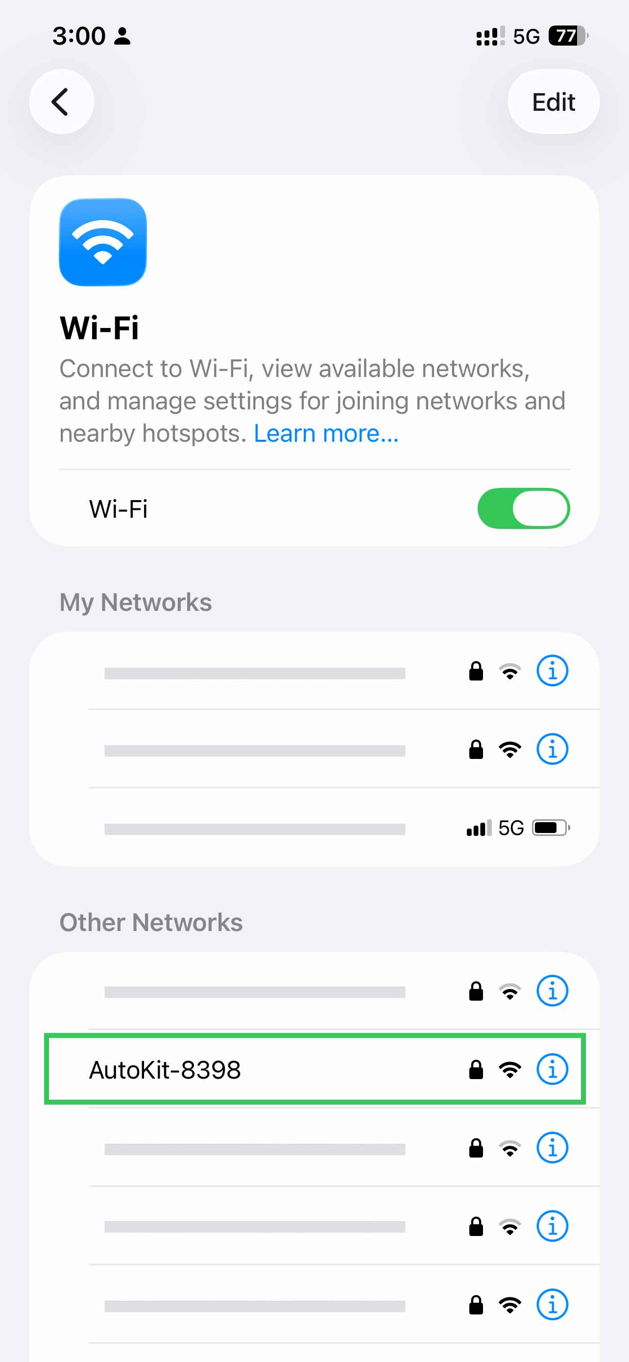 iPhone Wi-Fi settings showing AutoKit-8398 under Other Networks
